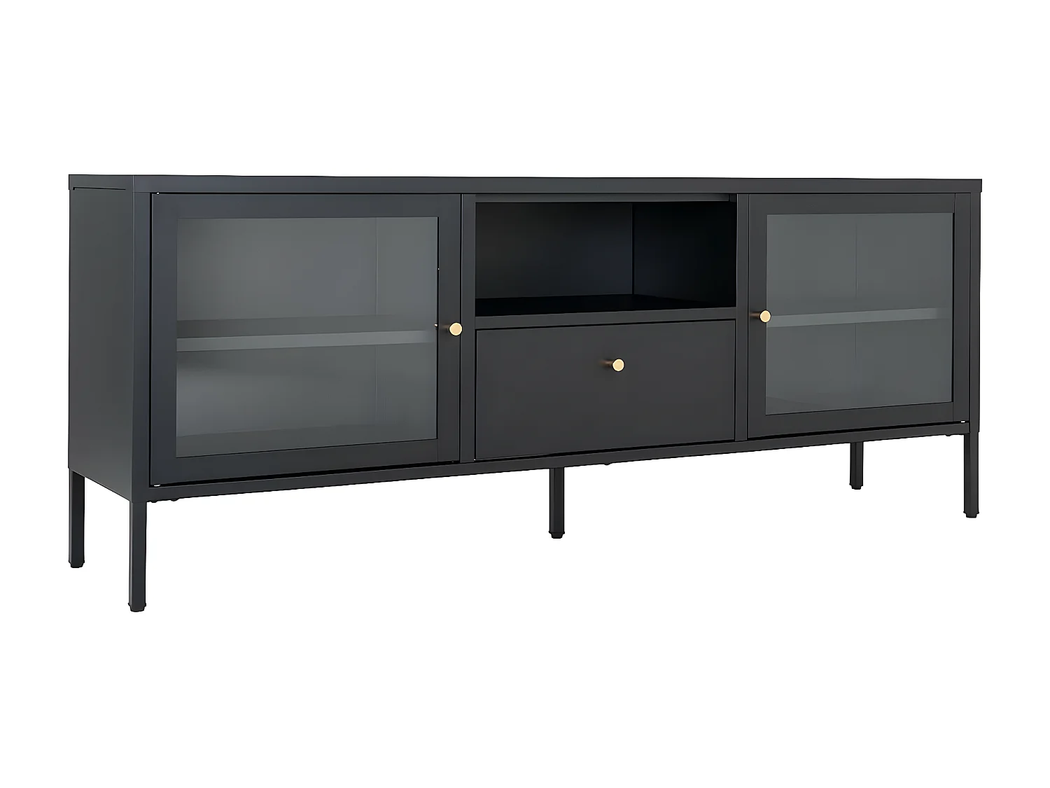 HUGO - Meuble TV 2 Portes Vitrées 1 Tiroir 1 Niche en Métal Laqué Noir