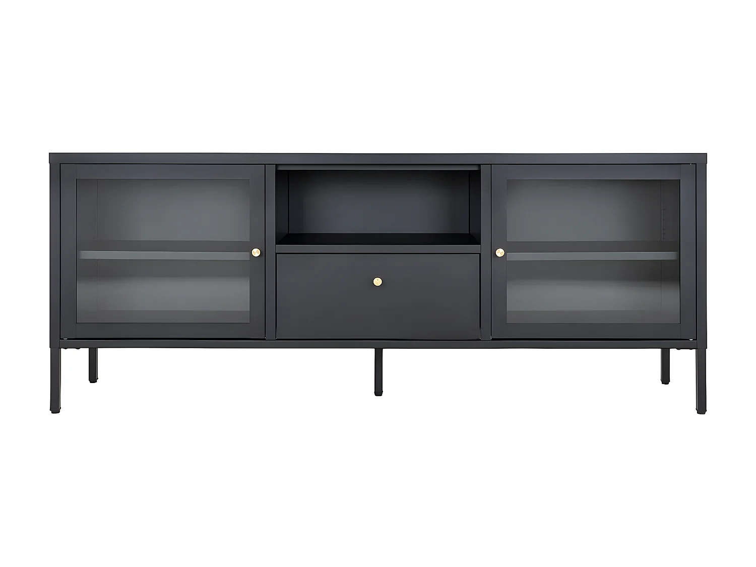 HUGO - Meuble TV 2 Portes Vitrées 1 Tiroir 1 Niche en Métal Laqué Noir