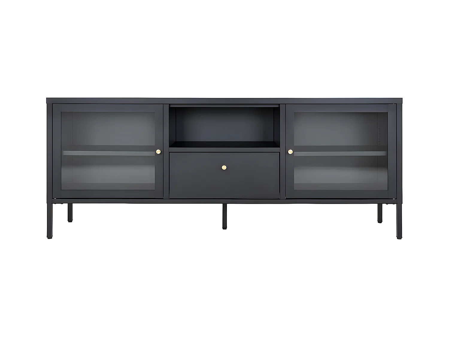 HUGO - Meuble TV 2 Portes Vitrées 1 Tiroir 1 Niche en Métal Laqué Noir