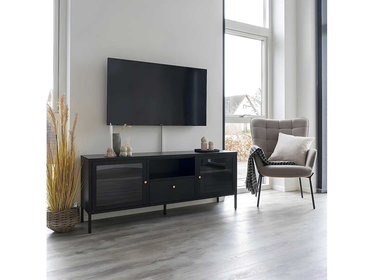 HUGO - Meuble TV 2 Portes Vitrées 1 Tiroir 1 Niche en Métal Laqué Noir