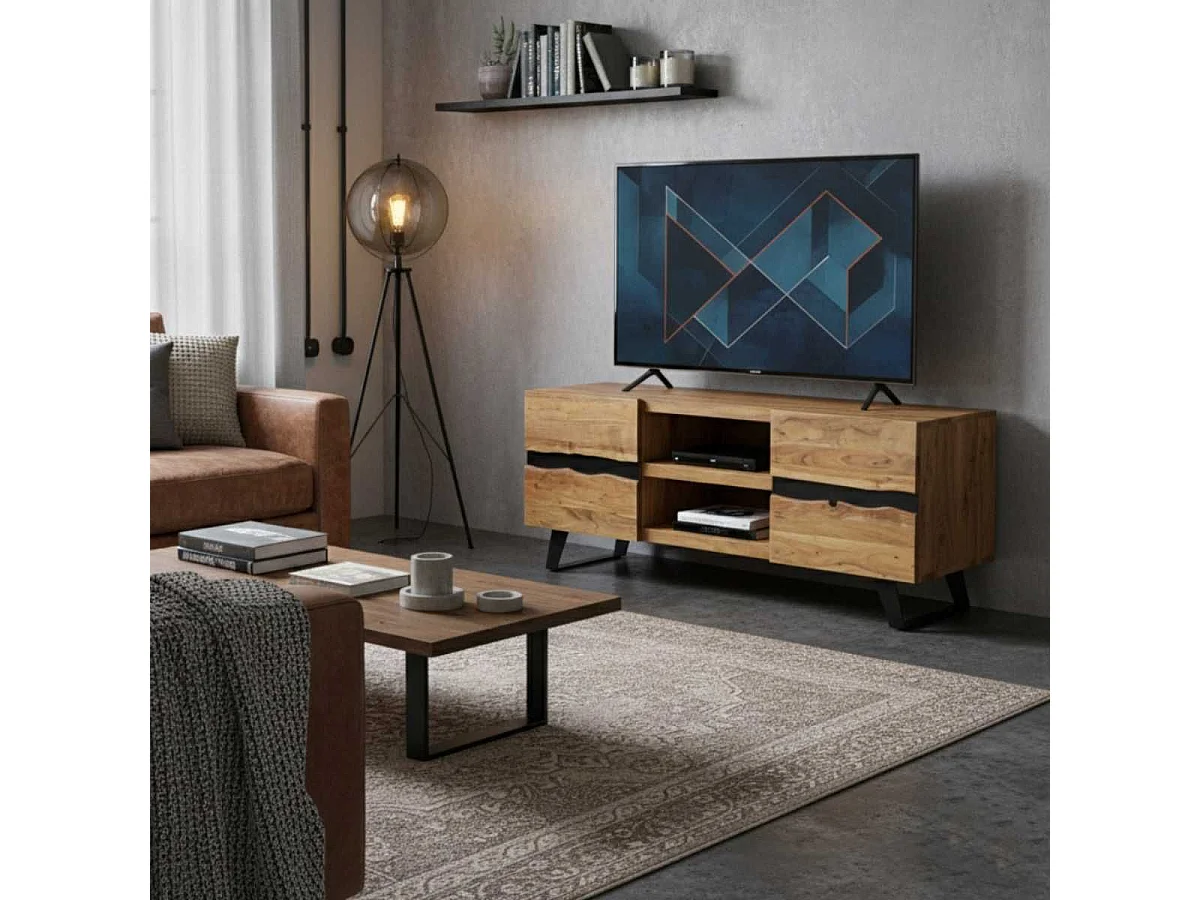 VOLSKA - Meuble TV 2 Portes 2 Niches en Acacia Massif et Métal Noir