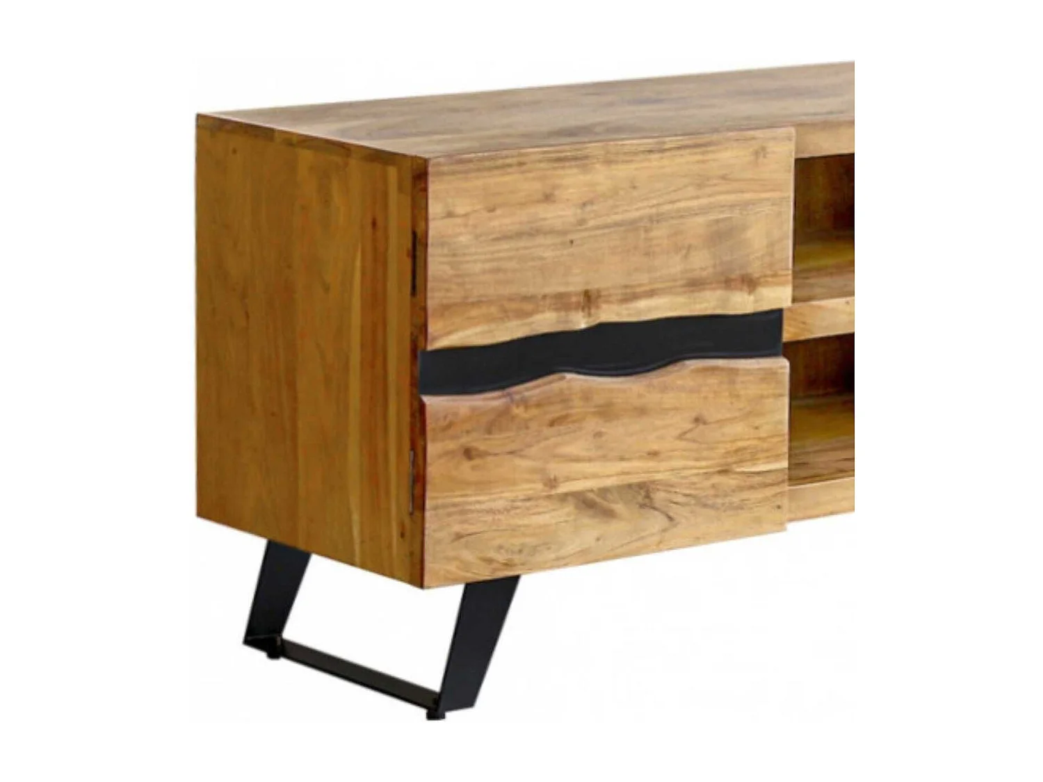 VOLSKA - Meuble TV 2 Portes 2 Niches en Acacia Massif et Métal Noir