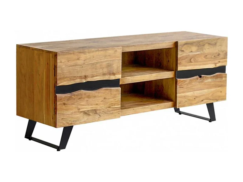 VOLSKA - Meuble TV 2 Portes 2 Niches en Acacia Massif et Métal Noir
