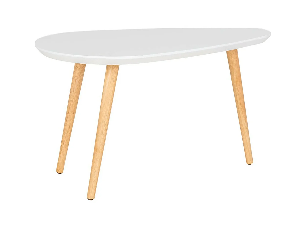 BEANNY - Table Basse Petit Modèle Forme Ovale Plateau MDF Blanc Pieds en Hévéa Naturel