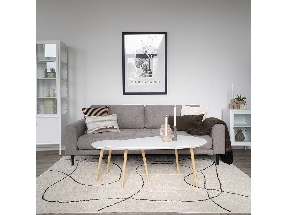 BEANNY - Table Basse Petit Modèle Forme Ovale Plateau MDF Blanc Pieds en Hévéa Naturel