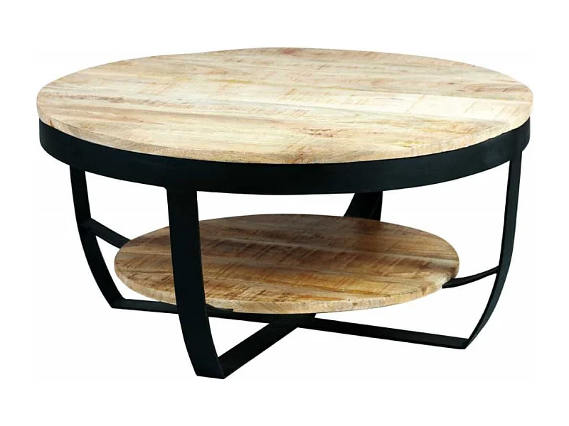 GARONA - Table Basse Ronde Ø80cm en Bois Massif et Métal Noir
