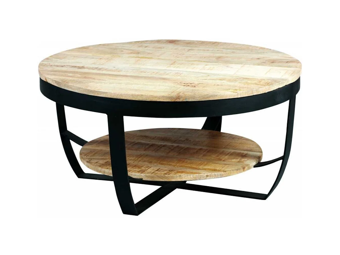 GARONA - Table Basse Ronde Ø80cm en Bois Massif et Métal Noir