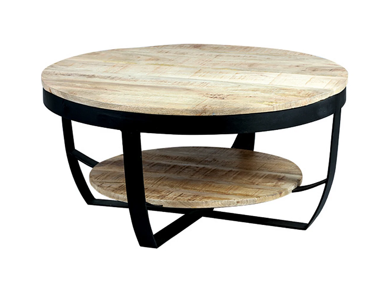 GARONA - Table Basse Ronde Ø80cm en Bois Massif et Métal Noir