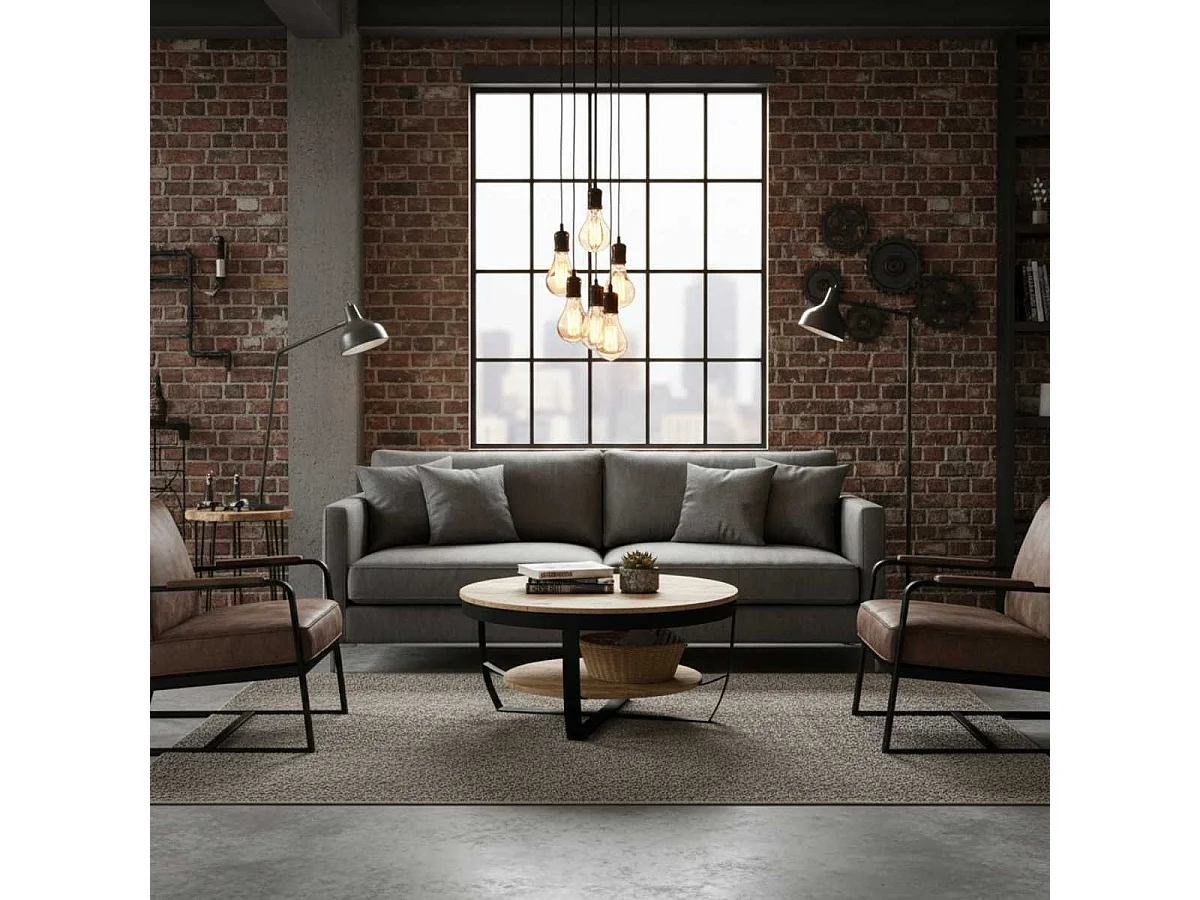 GARONA - Table Basse Ronde Ø80cm en Bois Massif et Métal Noir