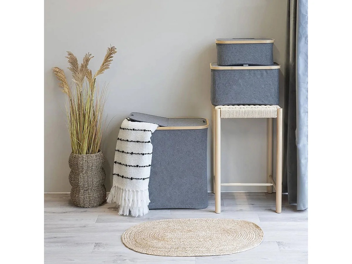ANDREW - Bac de Rangement en Tissu Gris et Bambou avec Couvercle Grand Modèle