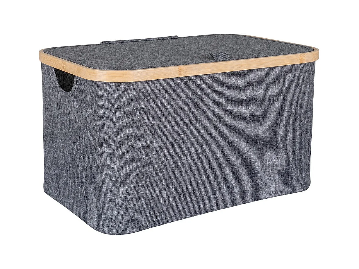 ANDREW - Bac de Rangement en Tissu Gris et Bambou avec Couvercle Grand Modèle
