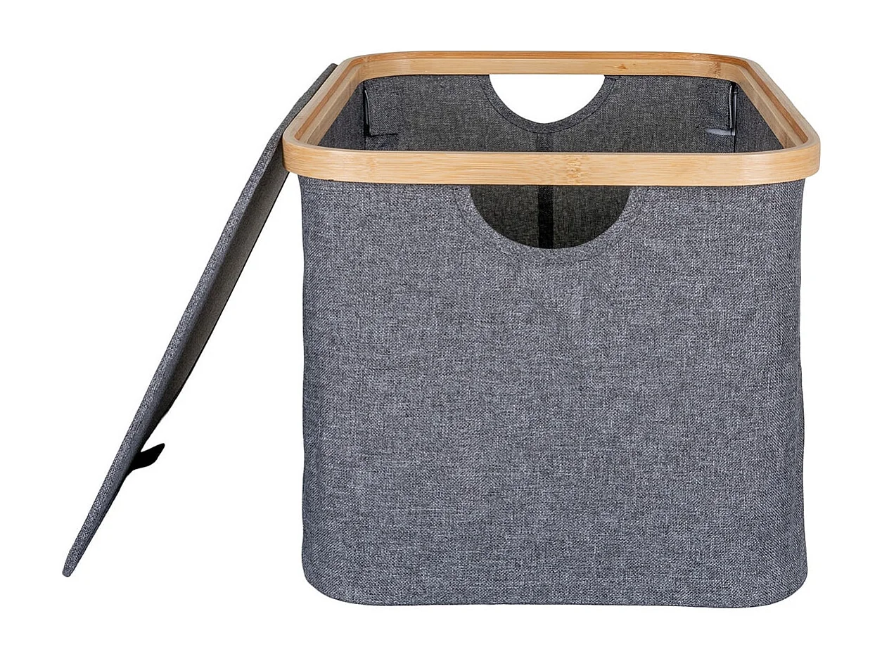 ANDREW - Bac de Rangement en Tissu Gris et Bambou avec Couvercle Grand Modèle