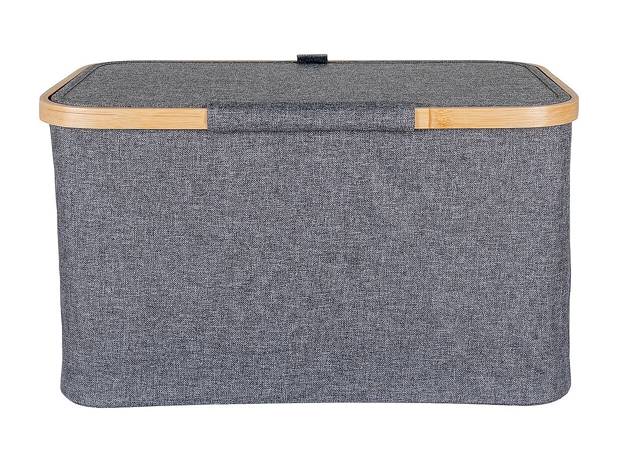 ANDREW - Bac de Rangement en Tissu Gris et Bambou avec Couvercle Grand Modèle