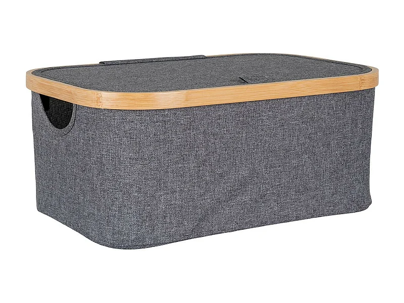 ANDREW - Bac de Rangement en Tissu Gris et Bambou avec Couvercle Petit Modèle