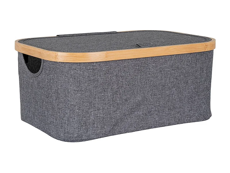 ANDREW - Bac de Rangement en Tissu Gris et Bambou avec Couvercle Petit Modèle