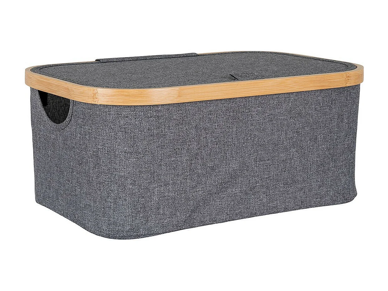 ANDREW - Bac de Rangement en Tissu Gris et Bambou avec Couvercle Petit Modèle