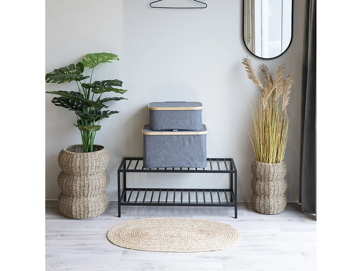 ANDREW - Bac de Rangement en Tissu Gris et Bambou avec Couvercle Petit Modèle