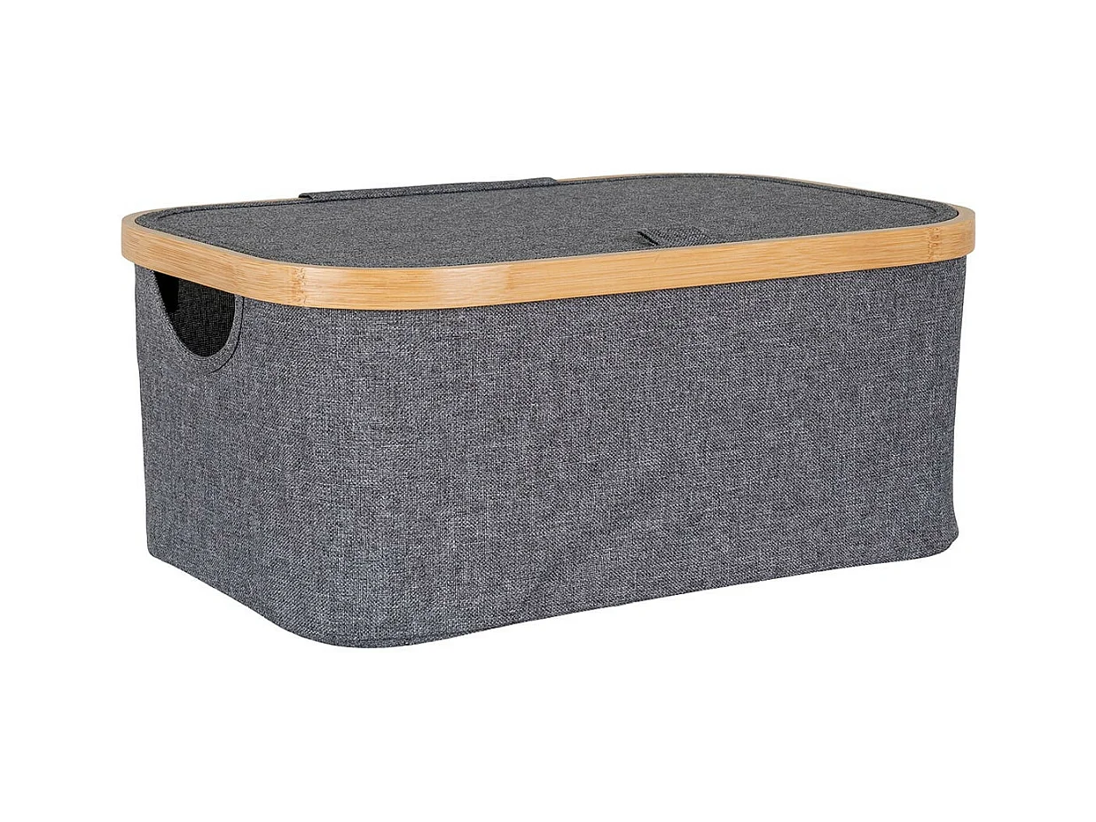 ANDREW - Bac de Rangement en Tissu Gris et Bambou avec Couvercle Petit Modèle