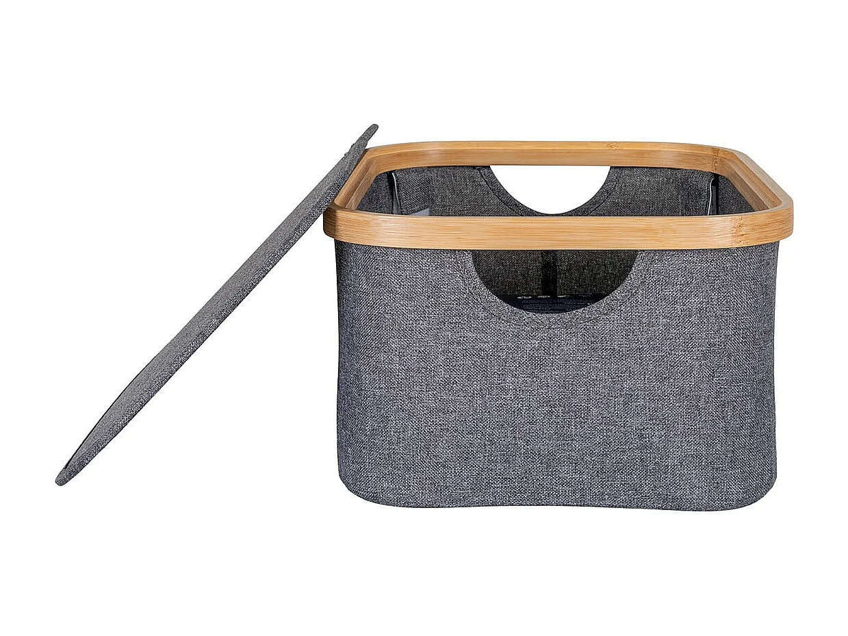 ANDREW - Bac de Rangement en Tissu Gris et Bambou avec Couvercle Petit Modèle