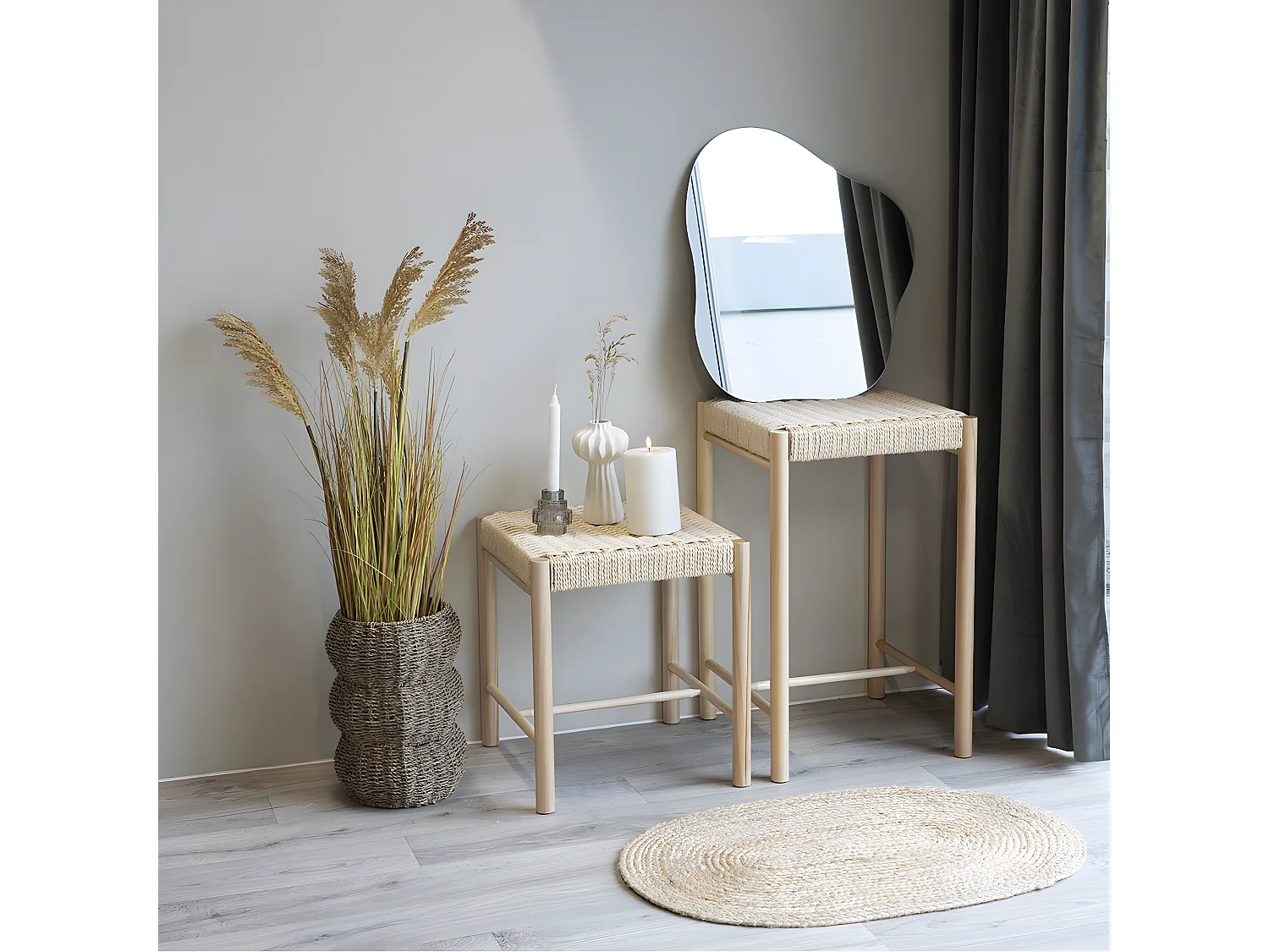 MINDY - Tabouret Hauteur 66,5 cm en Peuplier avec Assise Tressée