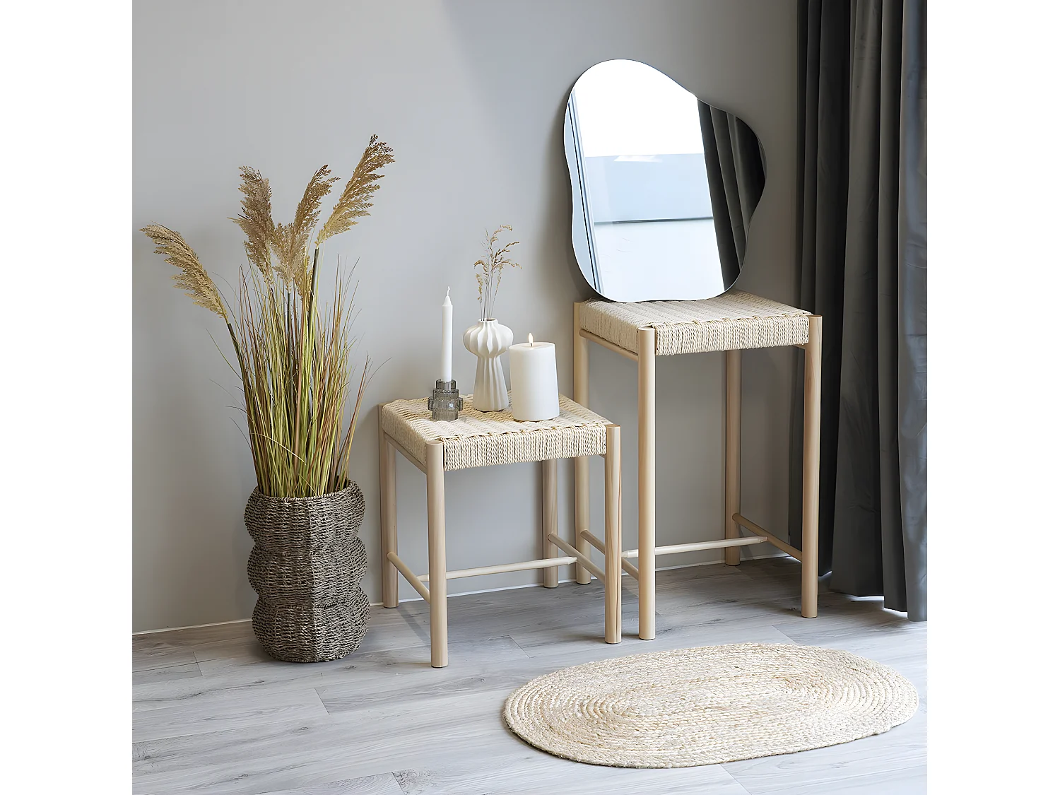 MINDY - Tabouret Hauteur 46,5 cm en Peuplier avec Assise Tressée