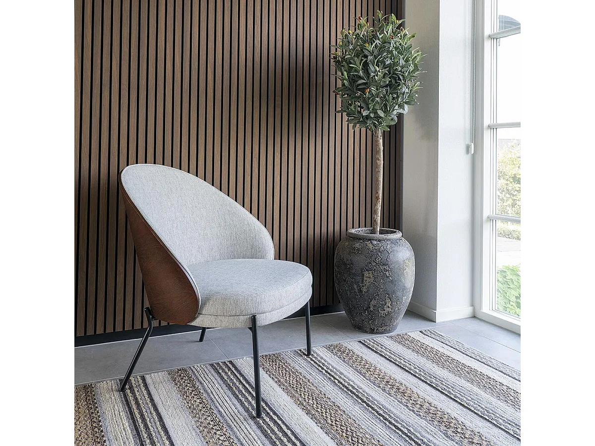 MARCEL - Fauteuil Tissu Gris Chiné Dossier Bois Imitation Noyer Pieds Métal Noir