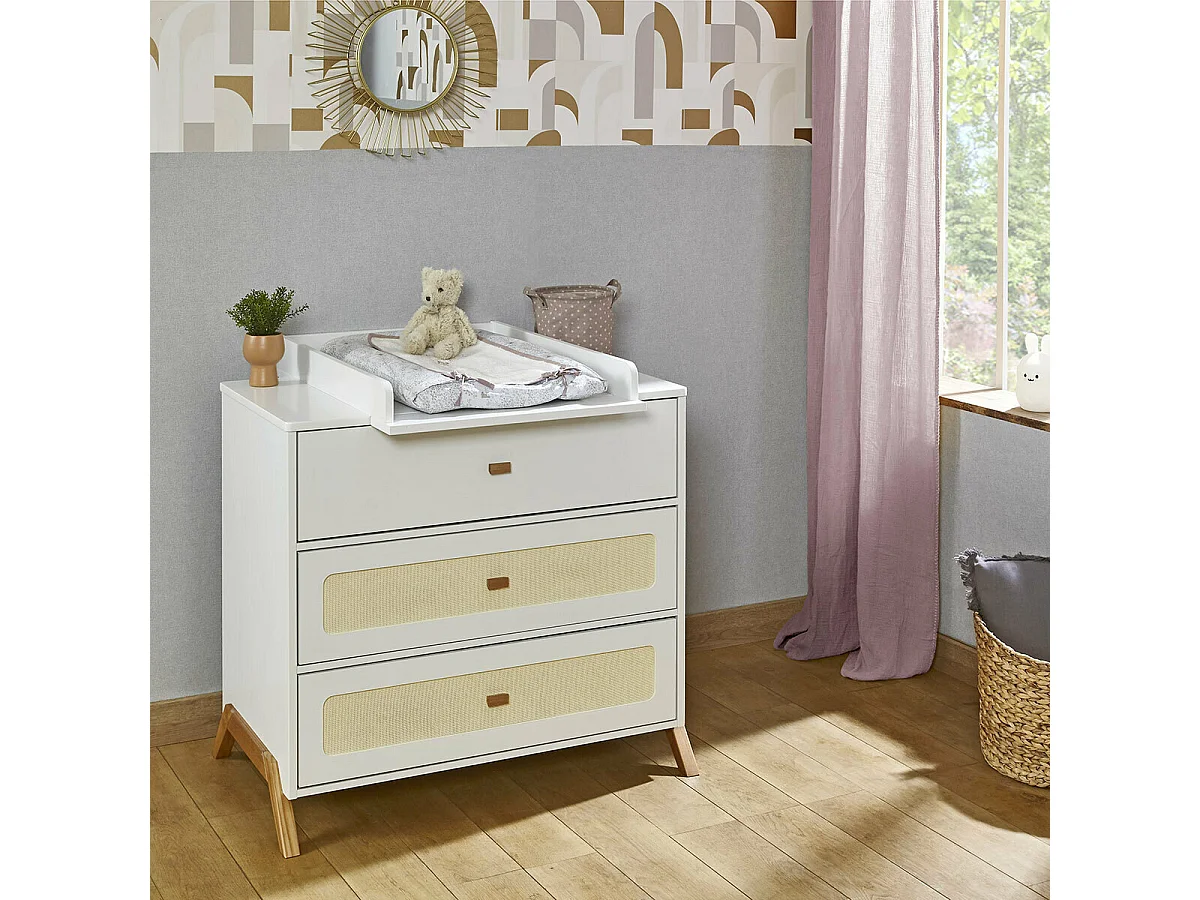 Commode à langer 3 tiroirs  panneaux de fibres blanc et bois AZU