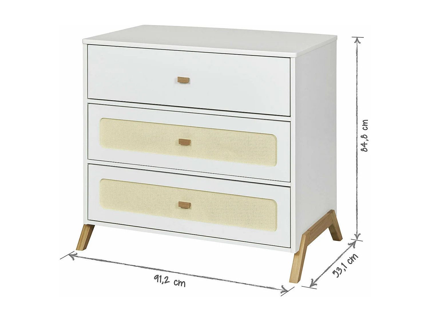 Commode à langer 3 tiroirs  panneaux de fibres blanc et bois AZU