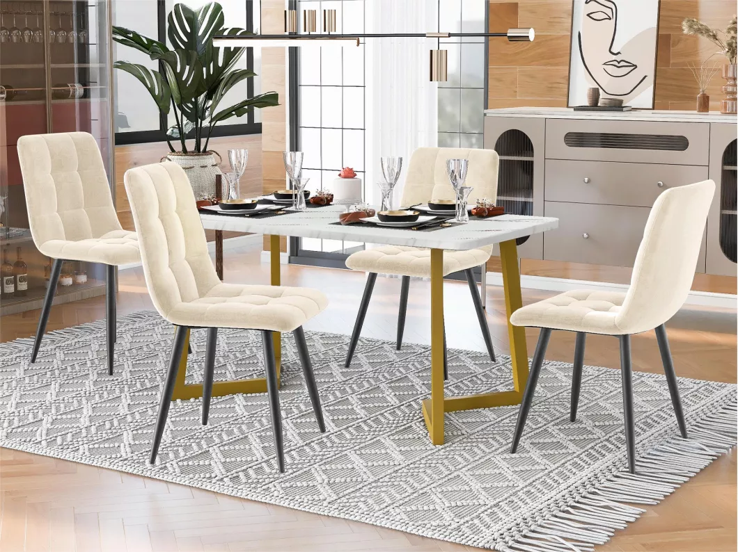 Kauf Unique Essgruppe + 4 Stühle – zeitgenössischer Stil – Metallstruktur – Samtstoff – Beige