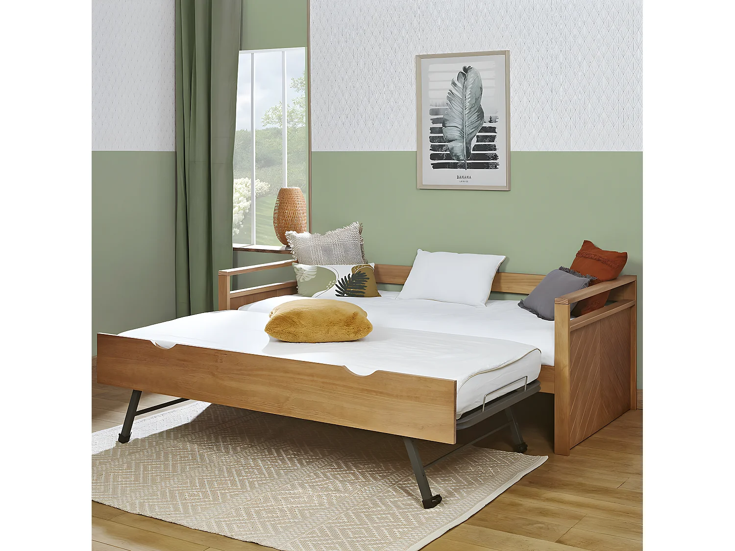 Pack lit banquette gigogne avec matelas 90x200 cm bois massif bois IVY