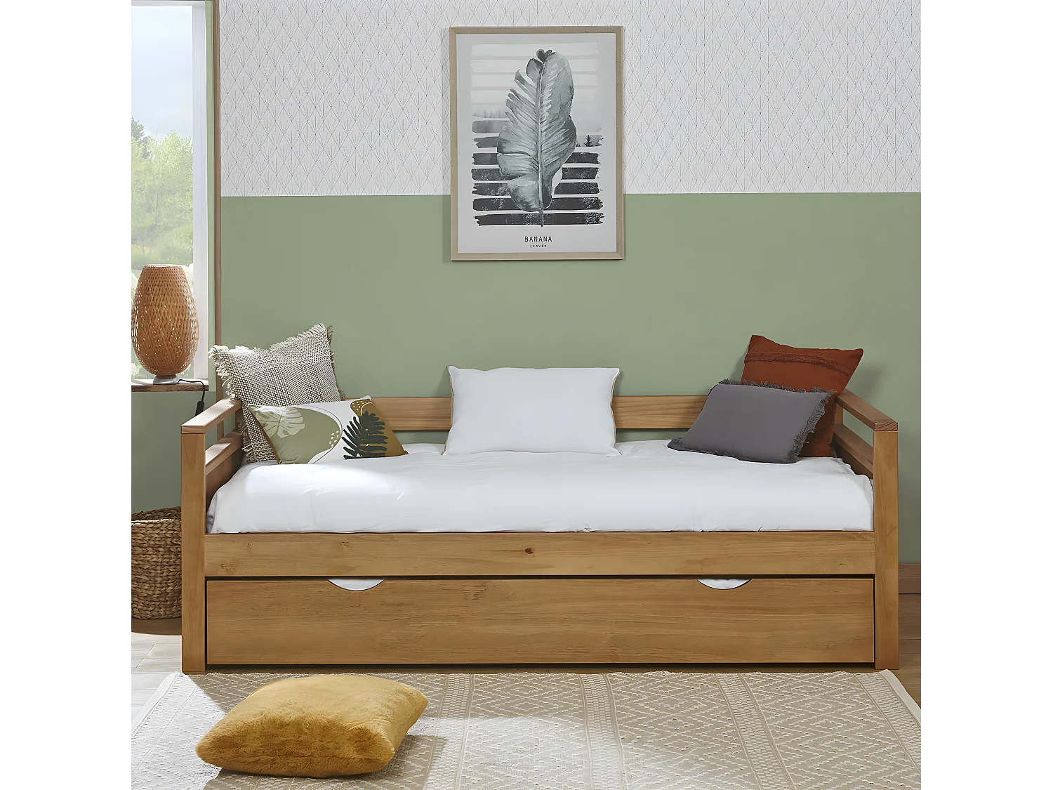 Pack lit banquette gigogne avec matelas 90x200 cm bois massif bois IVY