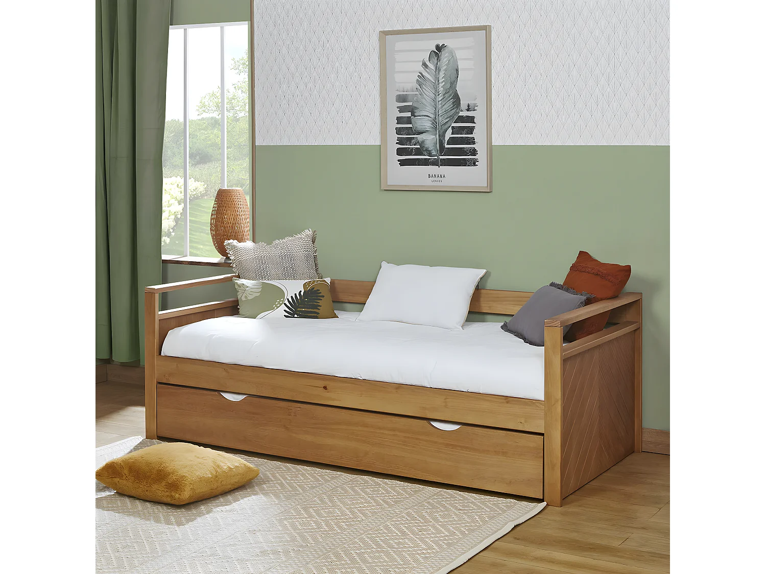 Pack lit banquette gigogne avec matelas 90x190 cm bois massif bois IVY