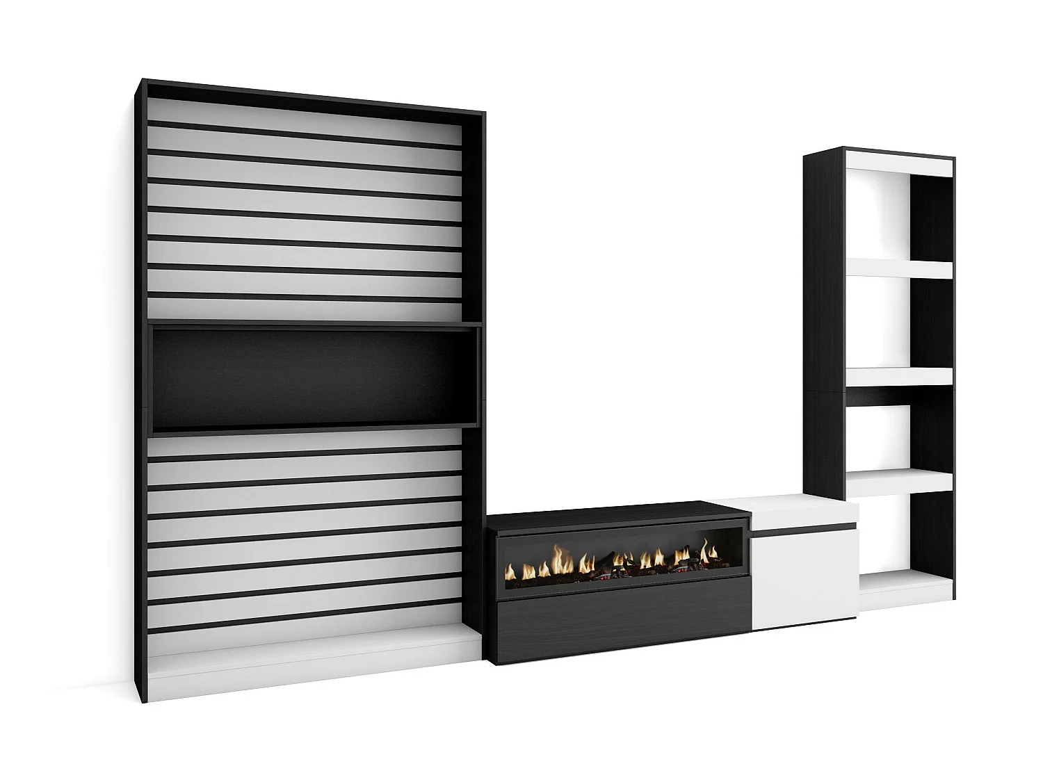 Ensemble Meuble TV, 320x186x35cm, Cheminée électrique, Blanc et noir