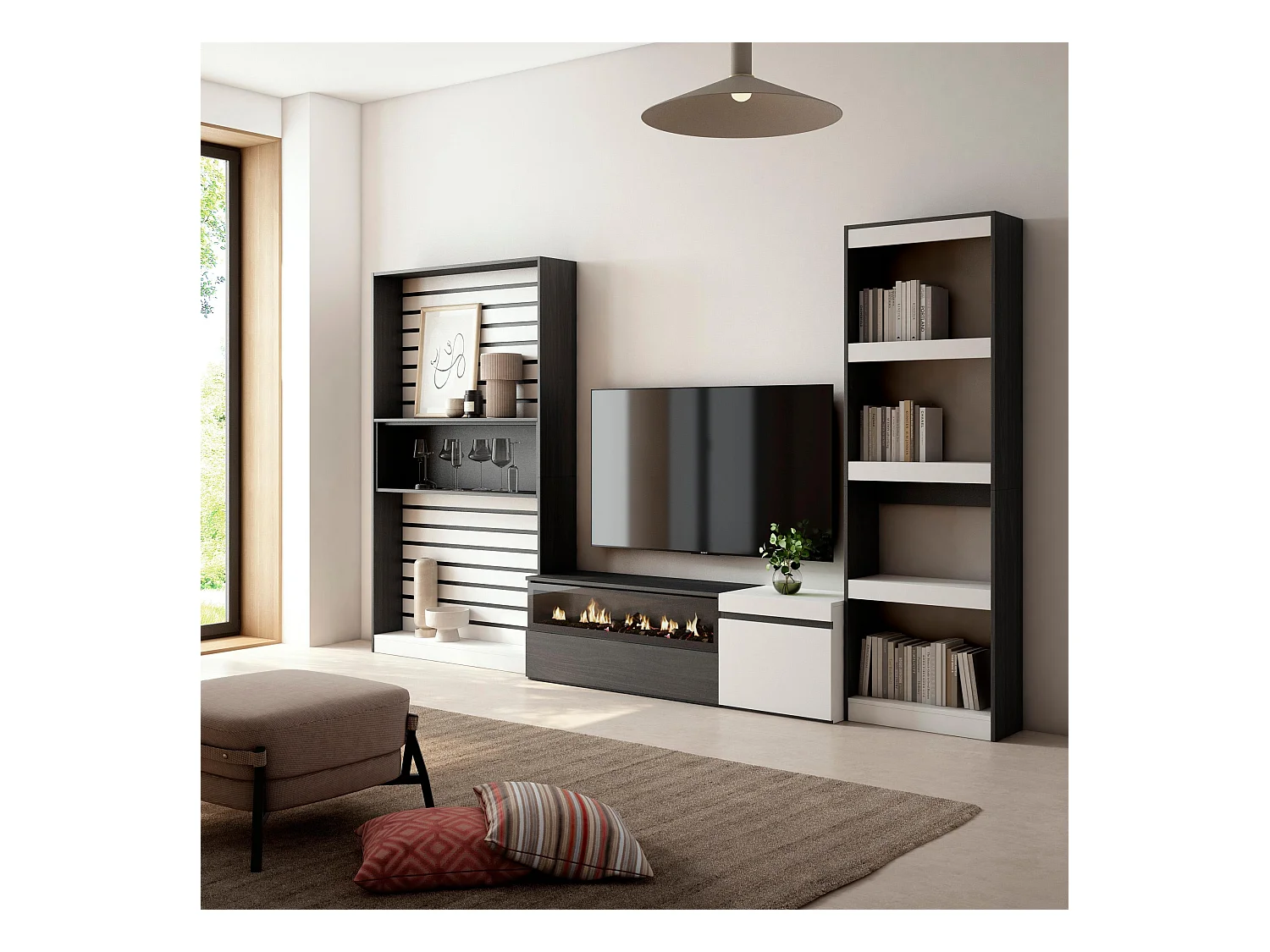 Wohnwand Wohnzimmer, 320x186x35cm, Elektrokamin. Maße, Weiß und Schwarz