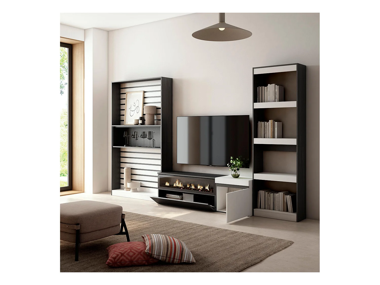 Wohnwand Wohnzimmer, 320x186x35cm, Elektrokamin. Maße, Weiß und Schwarz