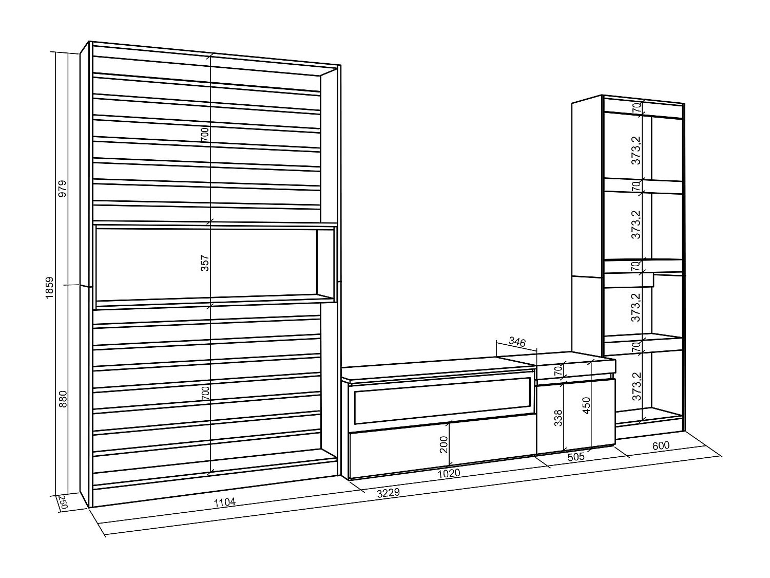 Wohnwand Wohnzimmer, 320x186x35cm, Elektrokamin. Maße, Weiß und Schwarz