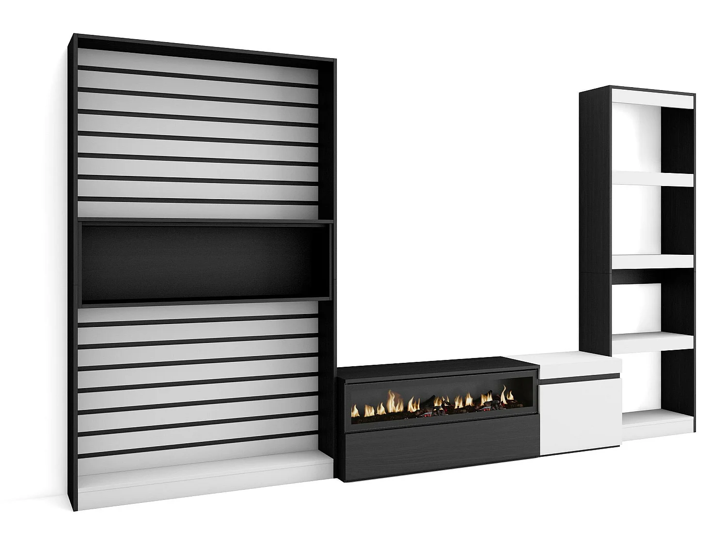 Ensemble Meuble TV, 320x186x35cm, Cheminée électrique, Blanc et noir