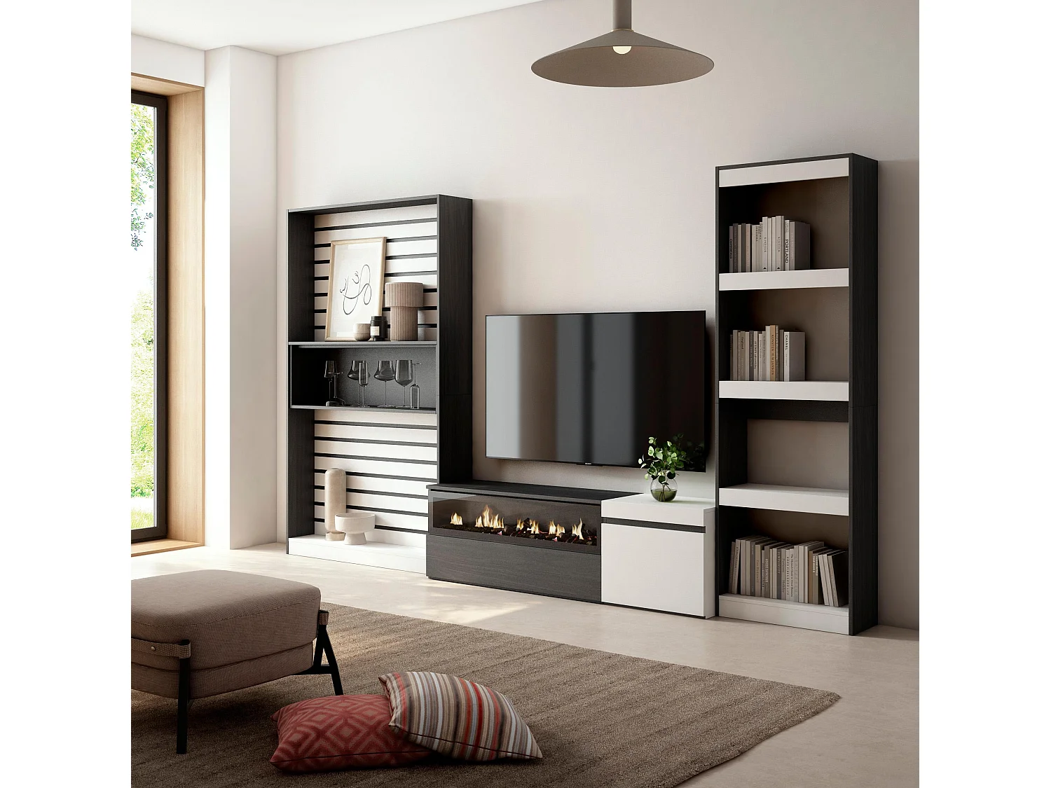 Ensemble Meuble TV, 320x186x35cm, Cheminée électrique, Blanc et noir