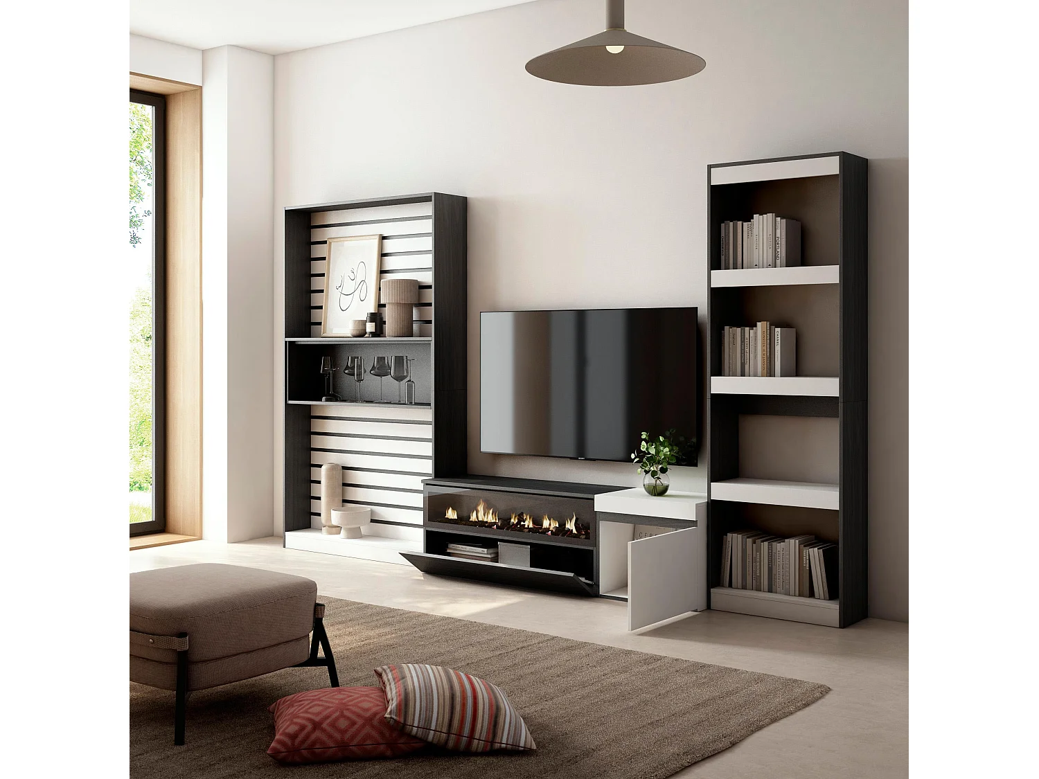 Ensemble Meuble TV, 320x186x35cm, Cheminée électrique, Blanc et noir