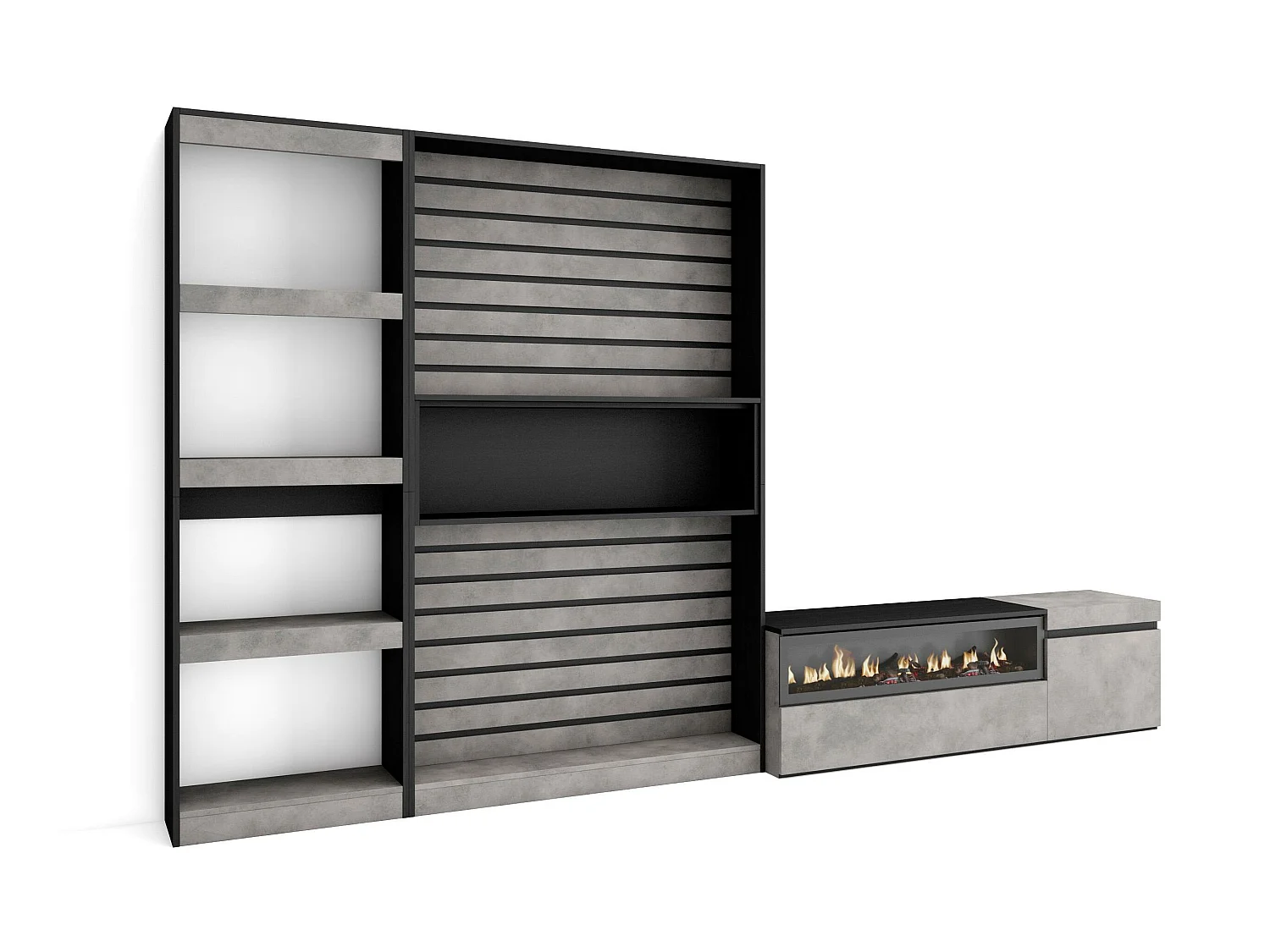 Ensemble Meuble TV, 320x186x35cm, Cheminée électrique, Ciment
