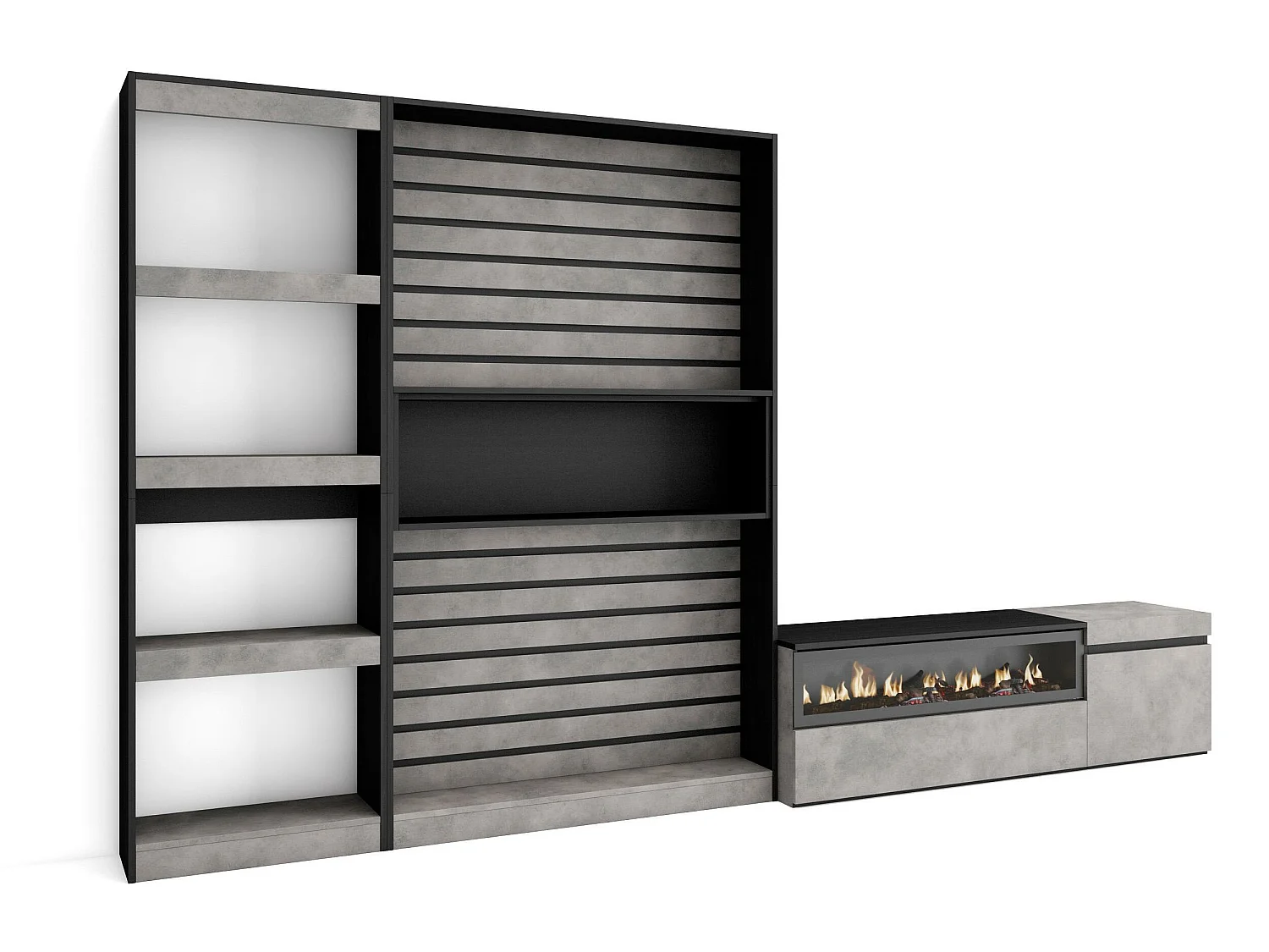 Ensemble Meuble TV, 320x186x35cm, Cheminée électrique, Ciment