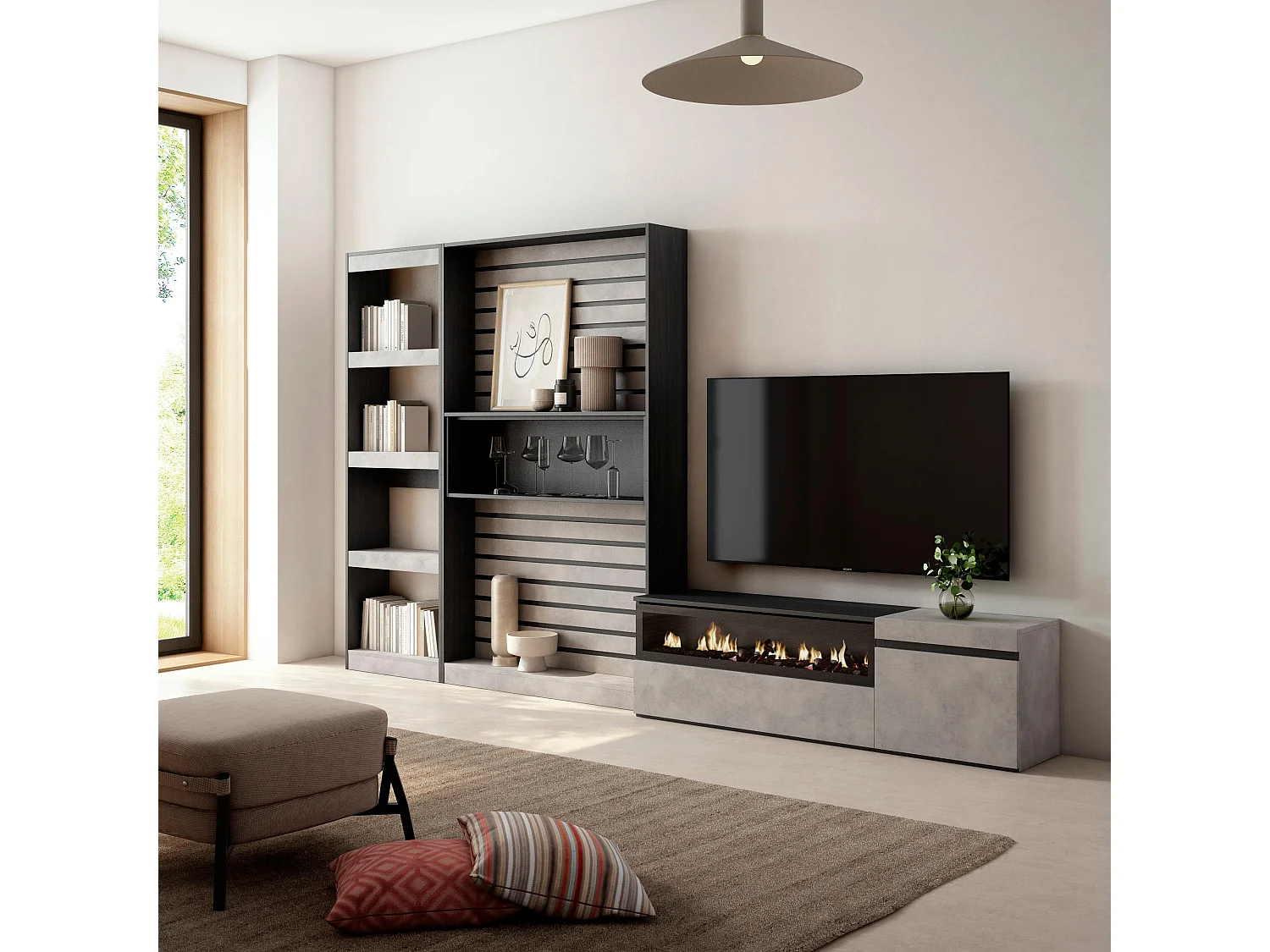 Ensemble Meuble TV, 320x186x35cm, Cheminée électrique, Ciment