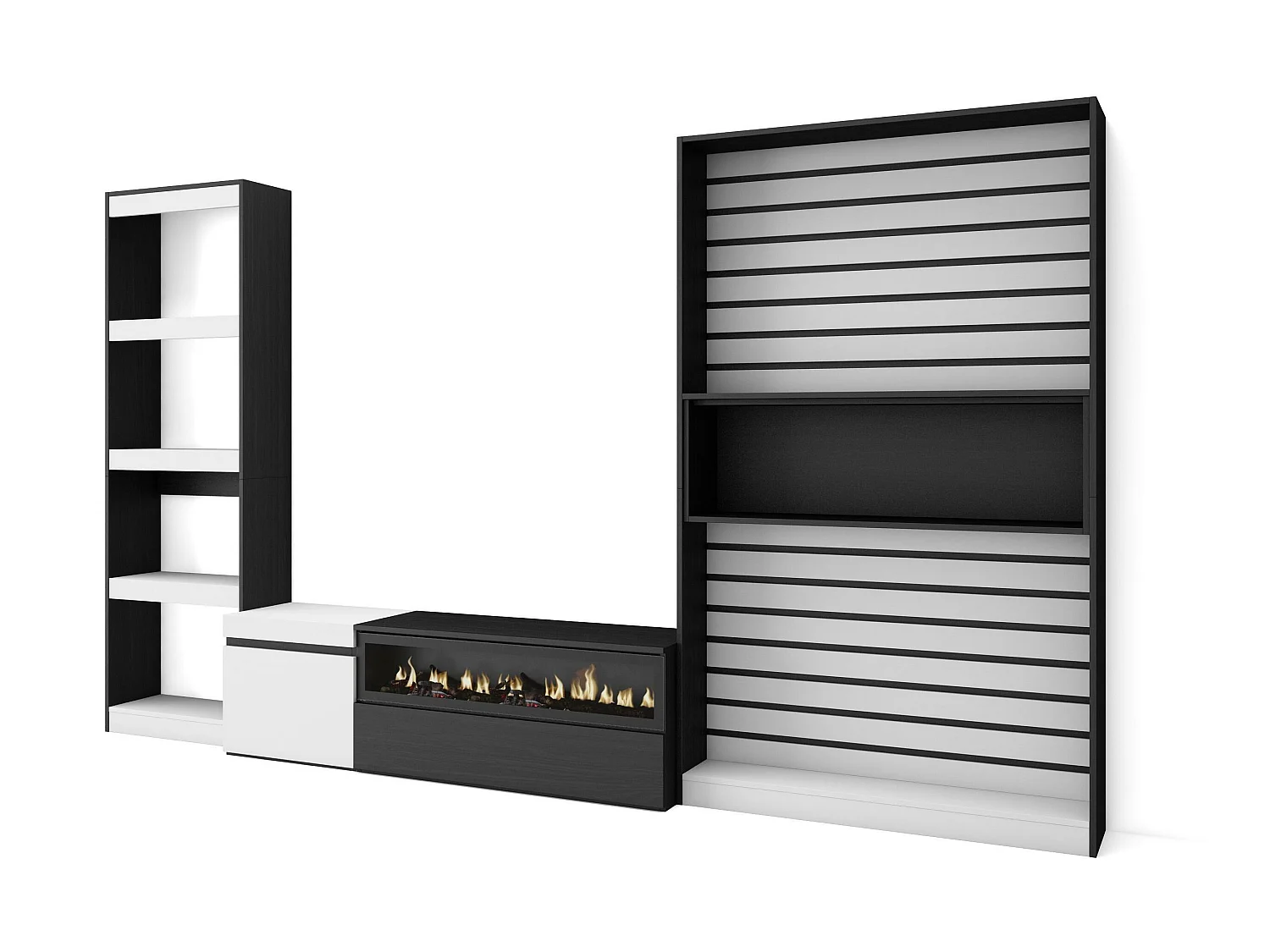 Ensemble Meuble TV, 320x186x35cm, Cheminée électrique, Blanc et noir