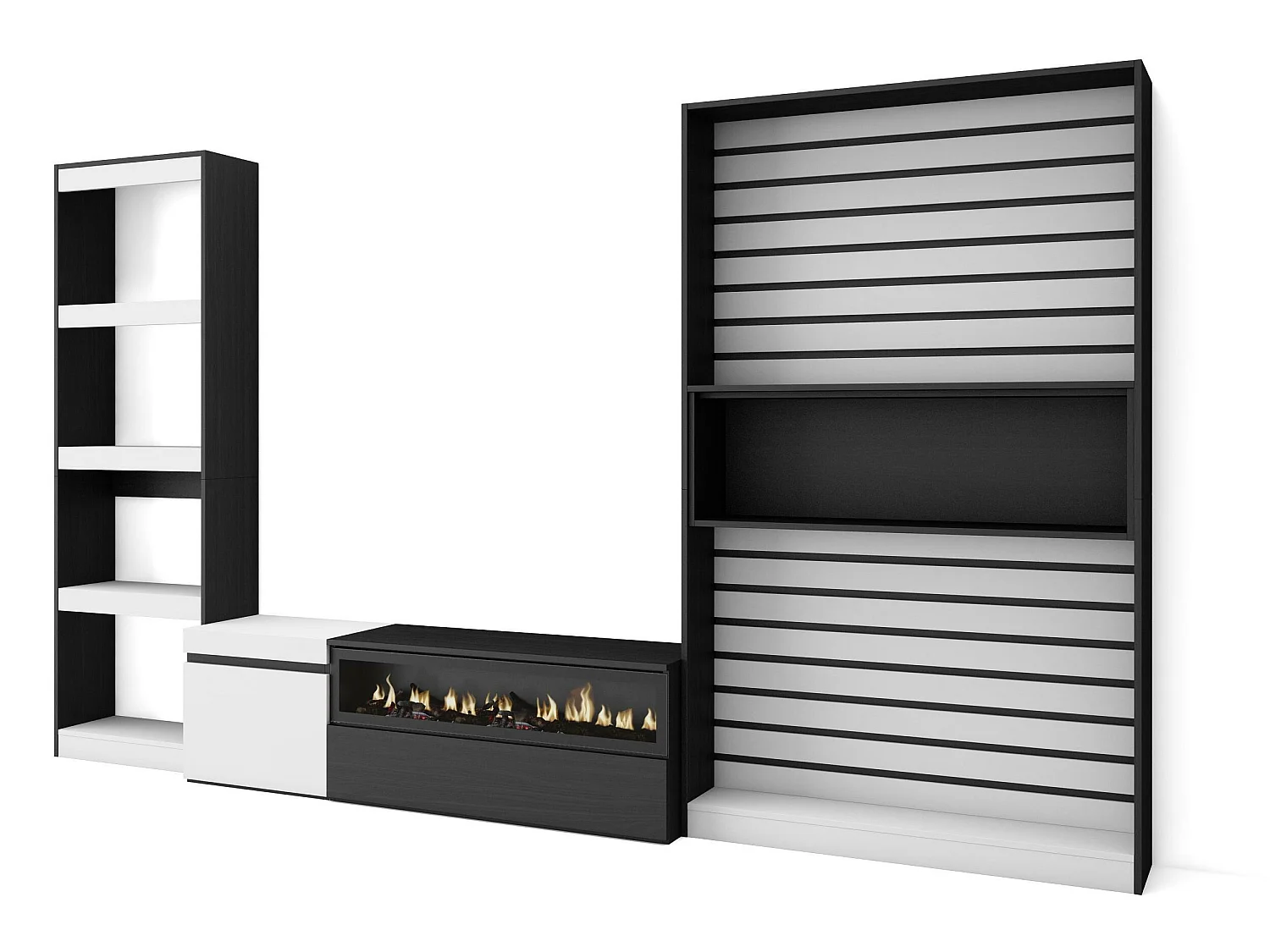 Ensemble Meuble TV, 320x186x35cm, Cheminée électrique, Blanc et noir