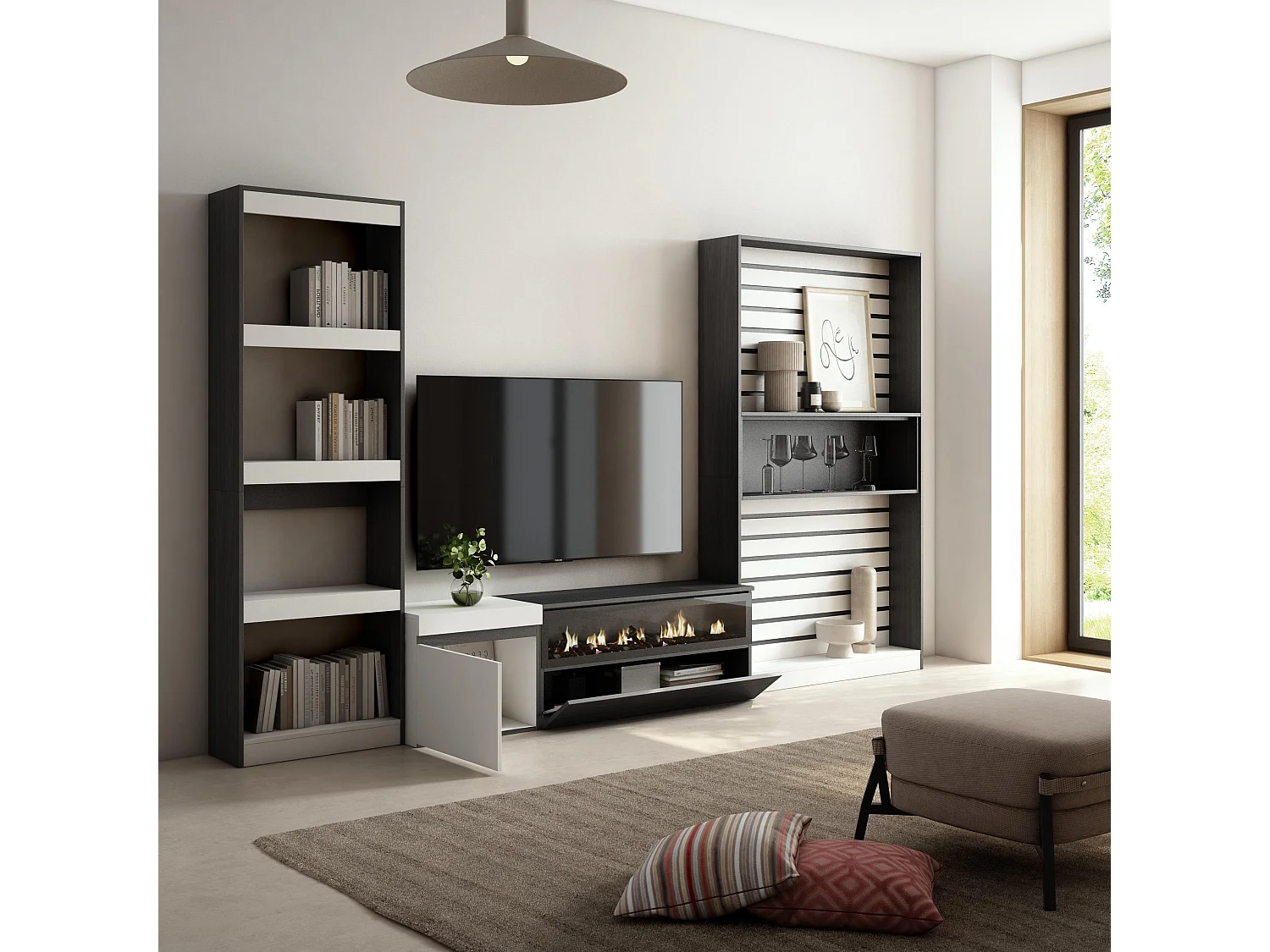 Ensemble Meuble TV, 320x186x35cm, Cheminée électrique, Blanc et noir