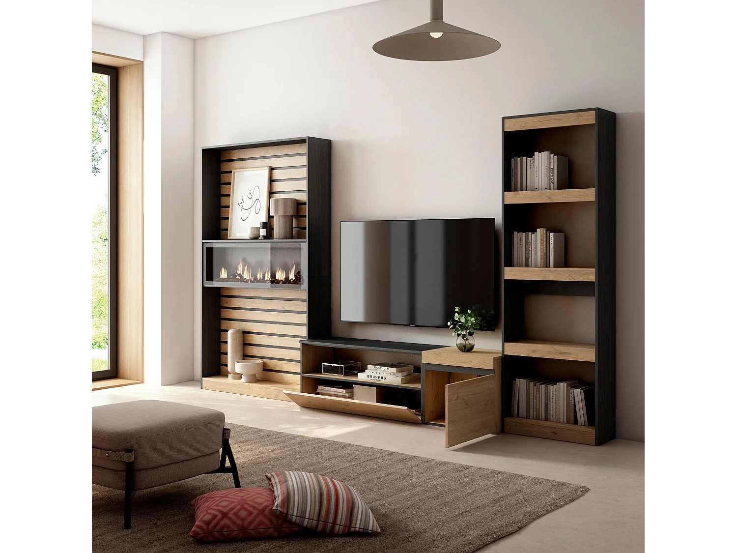 Meubels voor woonkamer, 320x35x186cm, Elektrische haard, Eiken/Zwart