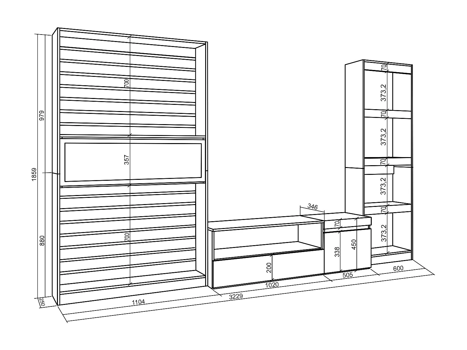 Meubels voor woonkamer, 320x35x186cm, Elektrische haard, Eiken/Zwart