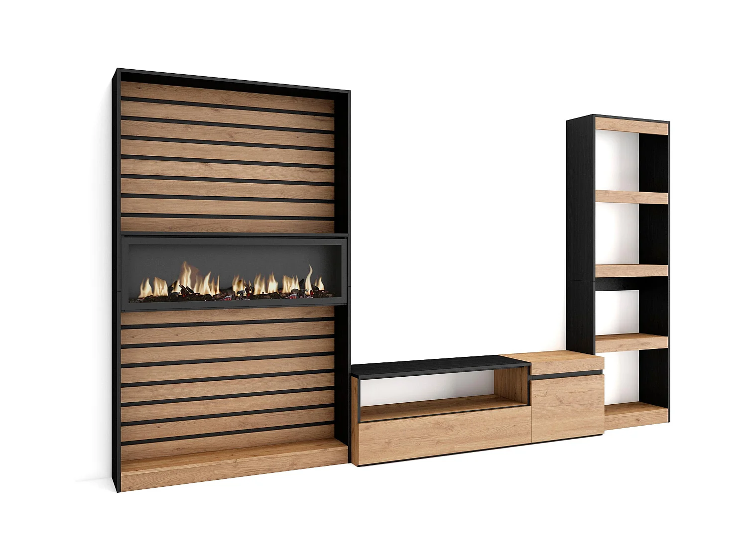 Ensemble Meuble TV, 320x35x186cm, Cheminée électrique, Chêne et noir
