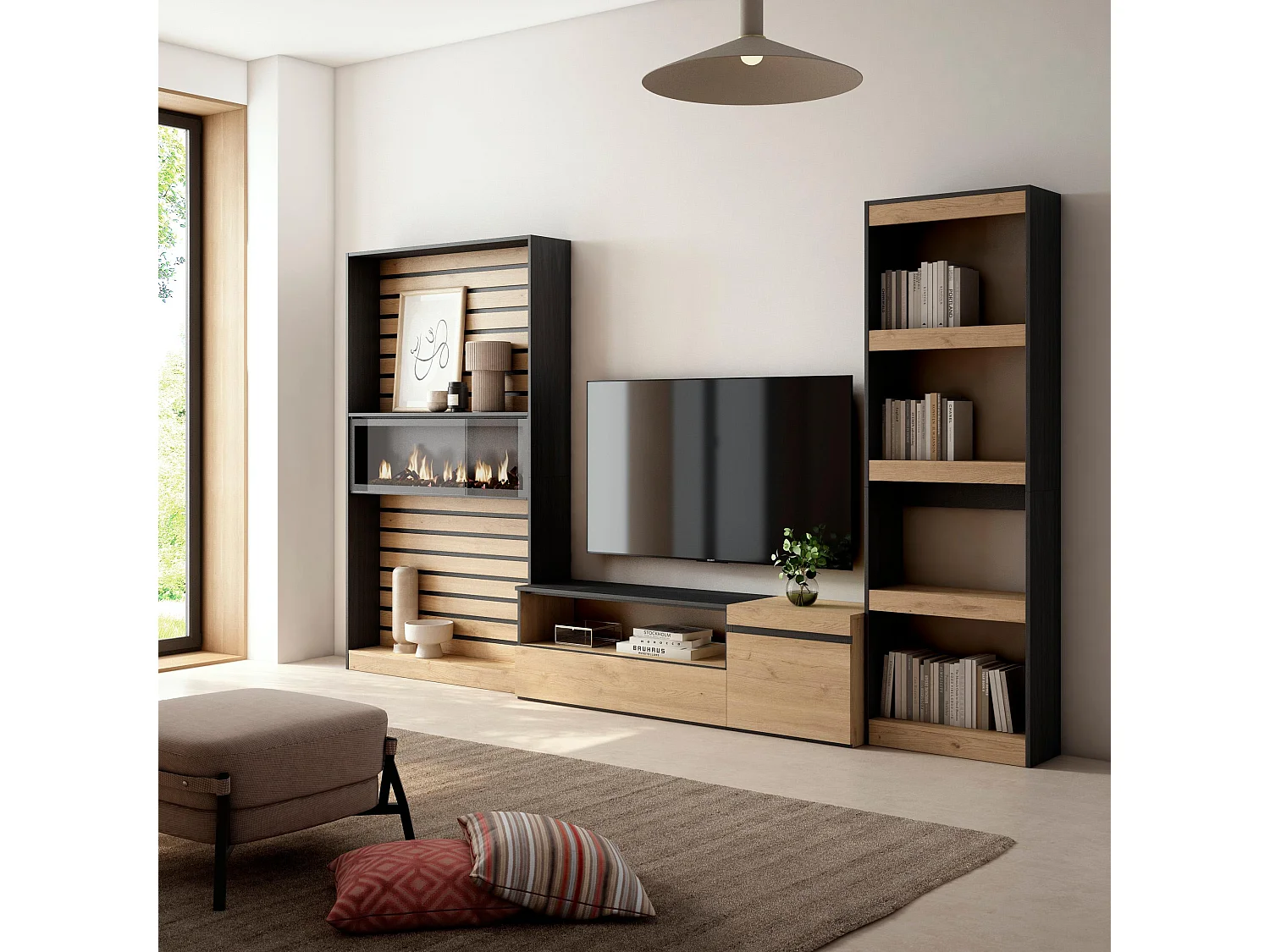 Ensemble Meuble TV, 320x35x186cm, Cheminée électrique, Chêne et noir