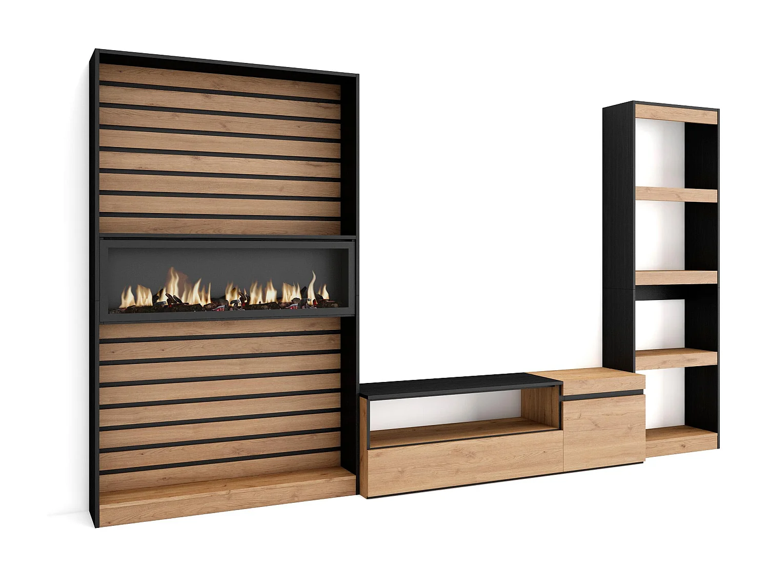 Ensemble Meuble TV, 320x35x186cm, Cheminée électrique, Chêne et noir